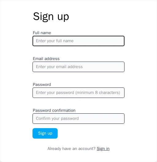 Sign up form with fields for name, email, and password