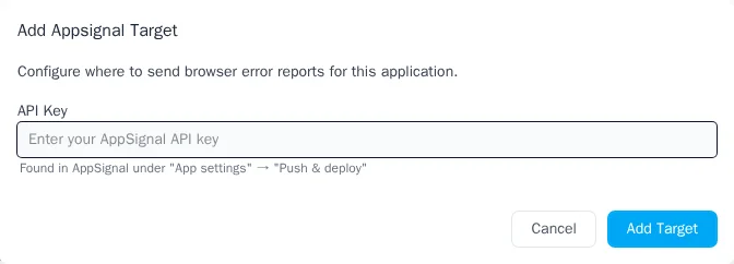 Modal dialog for adding an AppSignal integration with API Key field