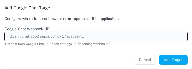 Modal dialog for adding a Google Chat integration with webhook URL field