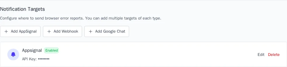 Notification targets section showing a configured AppSignal integration with enabled toggle