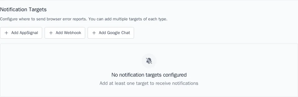 Notification targets section in application settings showing Add AppSignal, Add Webhook, and Add Google Chat buttons